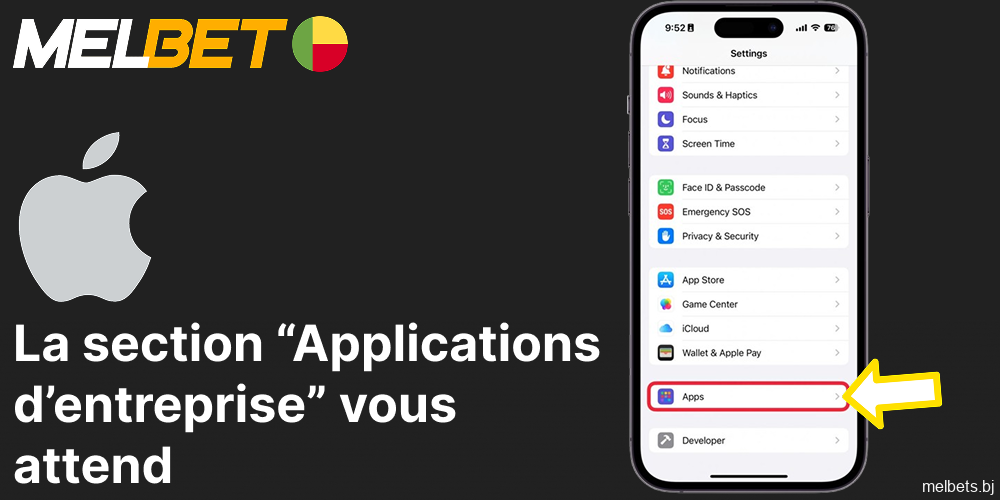 La section « Applications d'entreprise » vous assiste lors de l'installation de l'application Melbet