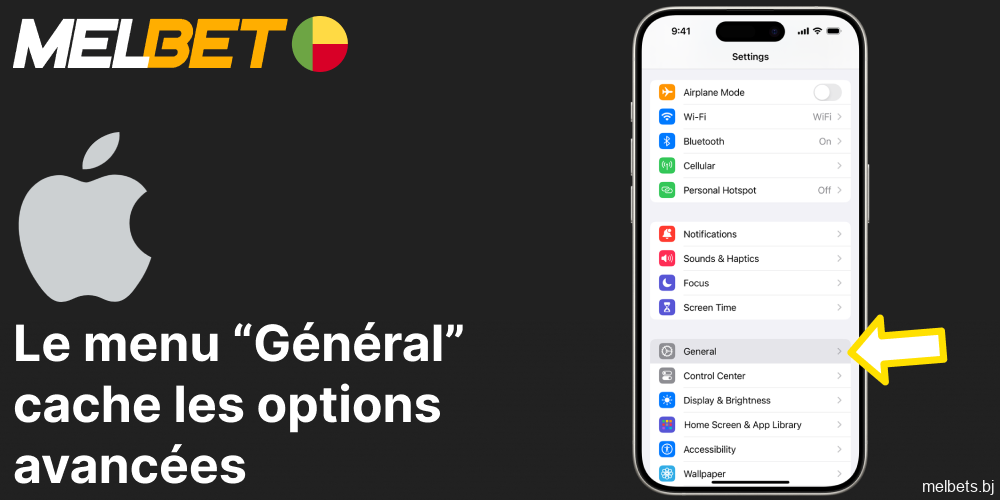 Le menu « Général » cache les options avancées pour l'installation de l'application Melbet