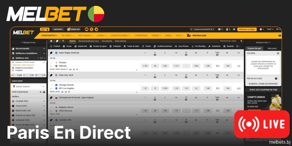 Les options de paris en direct sur le casino Melbet sont disponibles pour les parieurs du Bénin