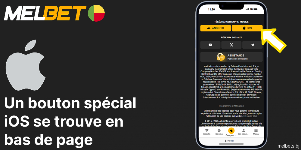 Un bouton spécial iOS se trouve en bas de page sur le site de Melbet