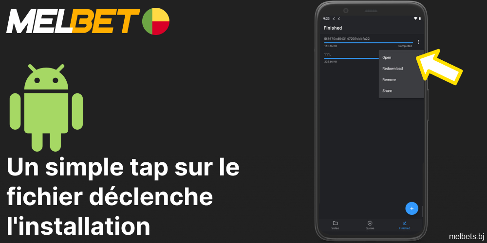 Un simple tap sur le fichier déclenche l'installation de l'application Melbet