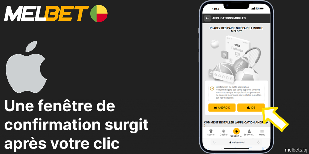 Une fenêtre de confirmation apparaît après avoir cliqué sur télécharger l'application Melbet