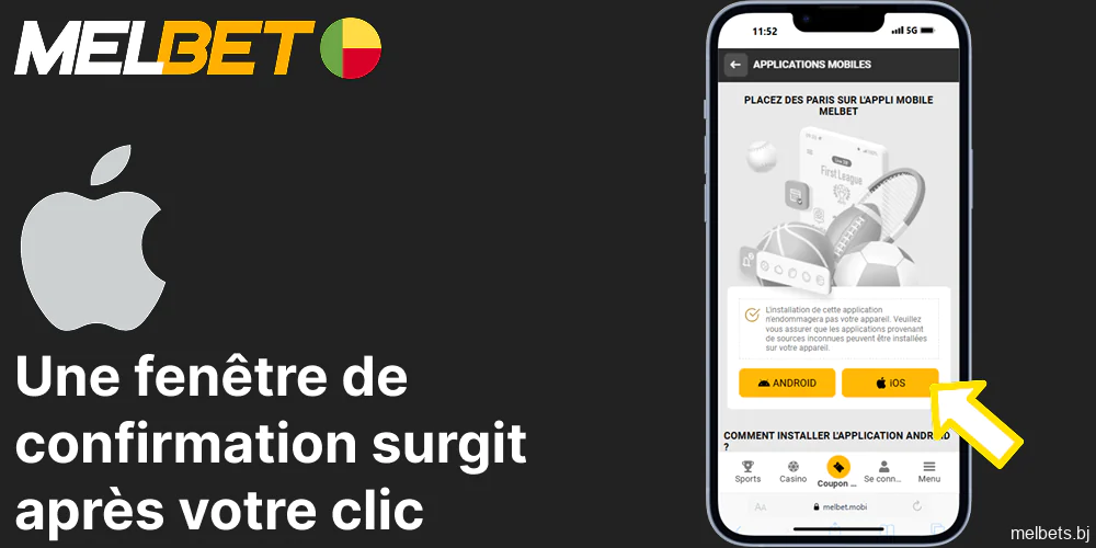 Une fenêtre de confirmation apparaît après avoir cliqué sur télécharger l'application Melbet